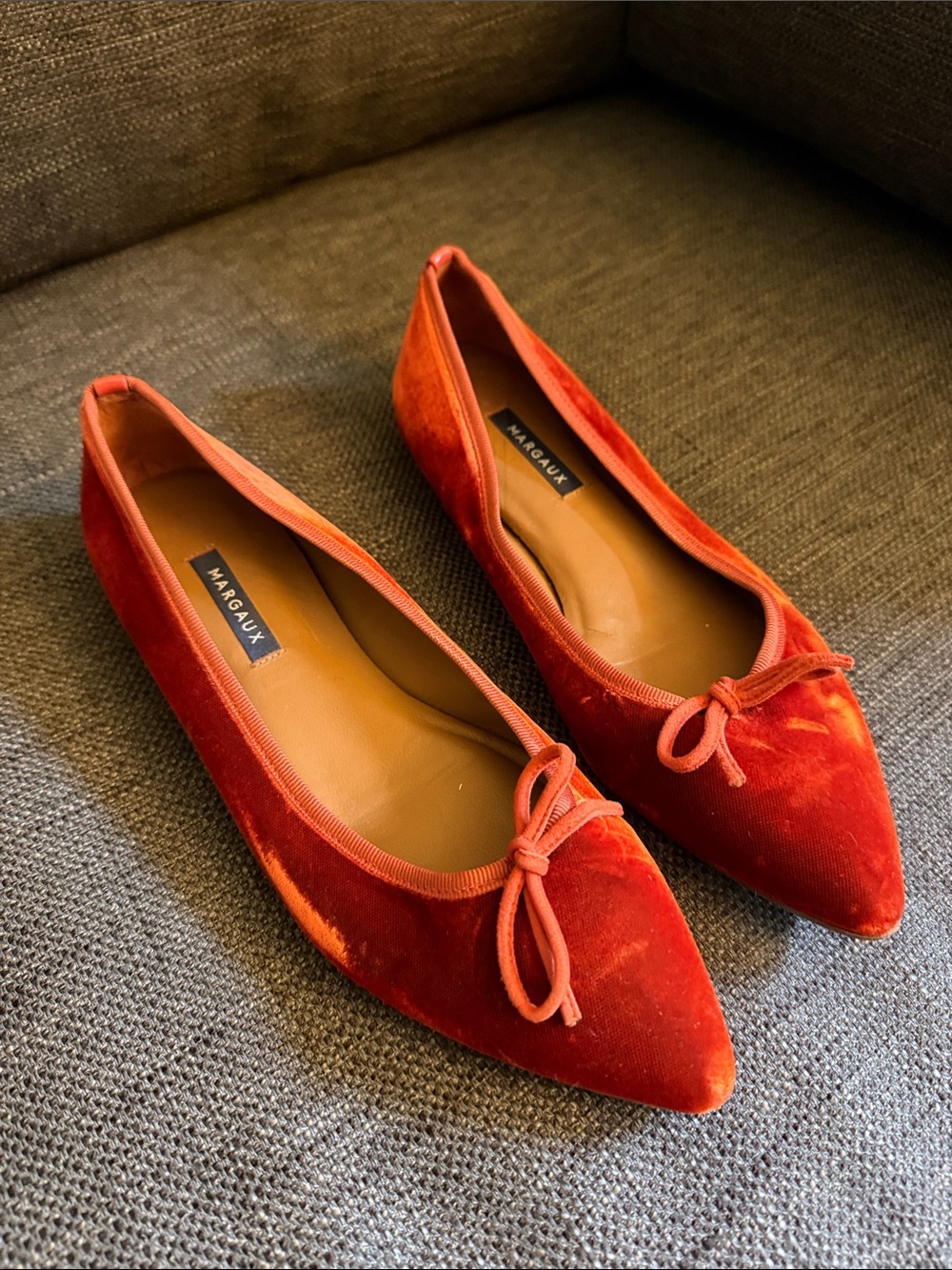 Margaux Orange-Red Velvet Pointed Ballet Flats with Bow